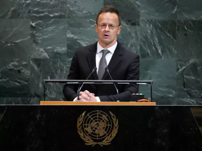 Minister for Foreign Affairs and Trade of Hungary P&eacute;ter Szijj&aacute;rt&oacute; addresses the 80th session of the United Nations General Assembly, Wednesday, Sept. 24, 2025, at U.N. headquarters. (AP Photo/Pamela Smith)
