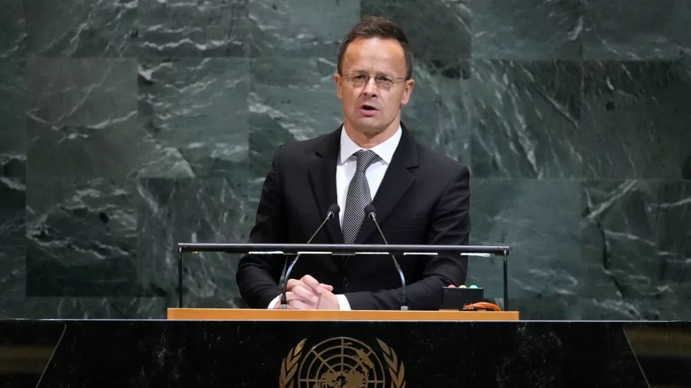 Minister for Foreign Affairs and Trade of Hungary P&eacute;ter Szijj&aacute;rt&oacute; addresses the 80th session of the United Nations General Assembly, Wednesday, Sept. 24, 2025, at U.N. headquarters. (AP Photo/Pamela Smith)