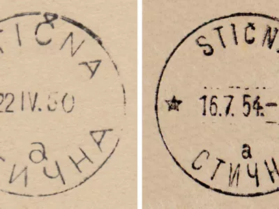 Od leve trije odtisi po&scaron;tnih žigov v Ivančni Gorici delujoče po&scaron;te Stična, desno odtis žiga po&scaron;te Ivančna Gorica prvega dne uporabe.