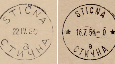 Od leve trije odtisi po&scaron;tnih žigov v Ivančni Gorici delujoče po&scaron;te Stična, desno odtis žiga po&scaron;te Ivančna Gorica prvega dne uporabe.