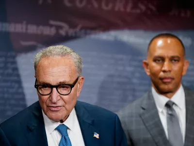U.S. House Minority Leader Hakeem Jeffries (D-NY) and U.S. Senate Minority Leader Chuck Schumer (D-NY) attend a press conference following a meeting with U.S. President Donald Trump and top Republican congressional leaders at the White House, just ahead of a September 30 deadline to fund the government and avoid a shutdown, at the U.S. Capitol, Washington, D.C., U.S., September 29, 2025. REUTERS/Nathan Howard