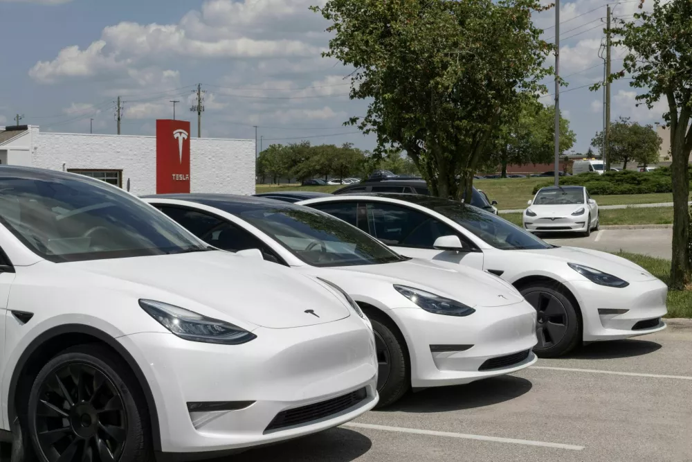 Indianapolis - July 7, 2024: Tesla EV electric vehicles display. Tesla models include the Model 3, Model Y, Model X and Model S.