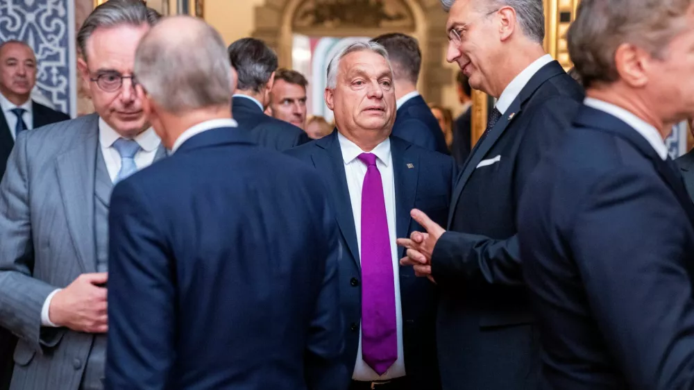 Hungary's Prime Minister Viktor Orban and Croatia's Prime Minister Andrej Plenkovic attend an informal summit in the Danish parliament at Christiansborg Castle in Copenhagen, Denmark, October 1, 2025. Ritzau Scanpix/Ida Marie Odgaard via REUTERS  ATTENTION EDITORS - THIS IMAGE WAS PROVIDED BY A THIRD PARTY. DENMARK OUT. NO COMMERCIAL OR EDITORIAL SALES IN DENMARK.