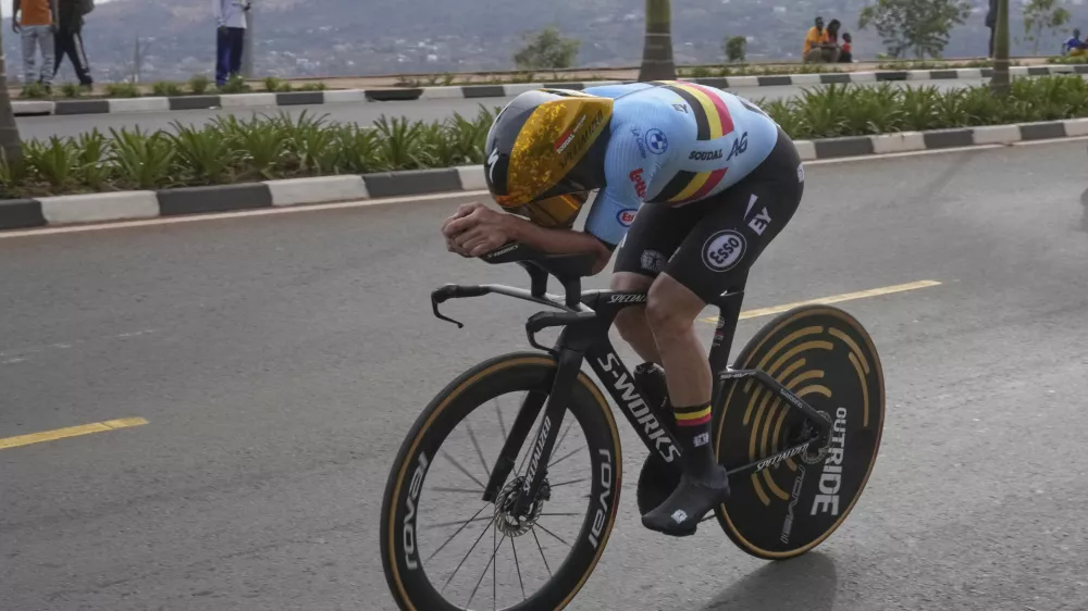 Belgium's Remco Evenepoel competes, during the men's elite individual time trial event, at the road cycling World Championships in Kigali, Rwanda, Sunday, Sept. 21, 2025. (AP Photo/Jerome Delay)