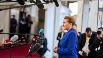 Denmark's Prime Minister Mette Frederiksen speaks to members of the media, during arrival for an informal summit at the Danish Parliament at Christiansborg Castle in Copenhagen, Denmark, October 1, 2025. Ritzau Scanpix/Thomas Traasdahl via REUTERS  ATTENTION EDITORS - THIS IMAGE WAS PROVIDED BY A THIRD PARTY. DENMARK OUT. NO COMMERCIAL OR EDITORIAL SALES IN DENMARK.