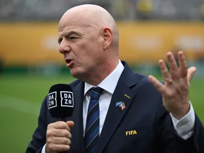 FILED - 13 July 2025, US, East Rutherford: FIFA President Gianni Infantino speaks during the DAZN pre-match interview ahead of the Club World Cup soccer match between Chelsea FC and Paris Saint-Germain at Metlife Stadium. Photo: Sven Hoppe/dpa