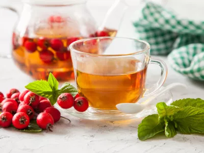 tea with a hawthorn and mint in a cup on a table, selective focus / Foto: Murziknata