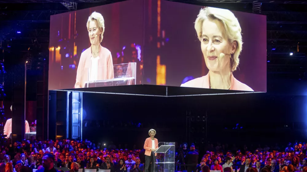 European Parliament President Ursula Von Der Leyen attends the 2025 Italian Tech Week, in Turin, Italy, Friday, Oct. 3, 2025. (Giulio Lapone/LaPresse via AP)