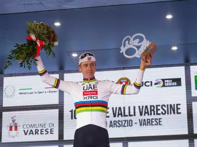 Tadej Pogacar is in 1st place at Tre Valli Varesine 2025 during the 104th Tre Valli Varesine 2025 a 200.3km one day race from Busto Arsizio to Varese on October 07, 2025 in Varese, Italy. (Photo by Tommaso Berardi/NurPhoto).NO USE FRANCE