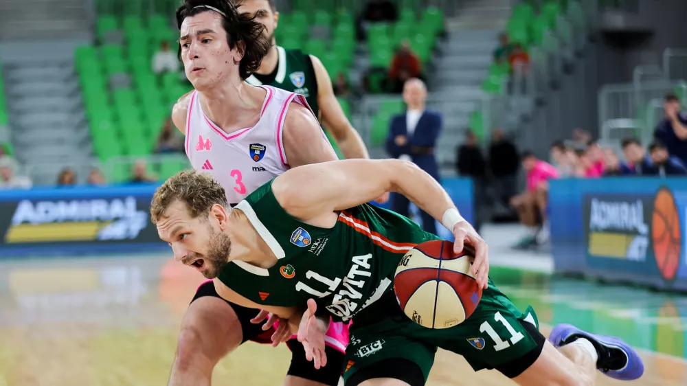 Jaka Blažič in action during ABA League 2025/2026 basketball match between Cedevita Olimpija (SLO) and Mega Superbet (SRB) in SRC Stozice, Ljubljana, Slovenia on October 5, 2025. Photo: Filip Barbalic