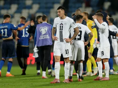 Soccer Football - FIFA World Cup - UEFA Qualifiers - Group B - Kosovo v Slovenia - Fadil Vokrri Stadium, Pristina, Kosovo - October 10, 2025 Slovenia's Benjamin Sesko looks dejected after the match REUTERS/Valdrin Xhemaj