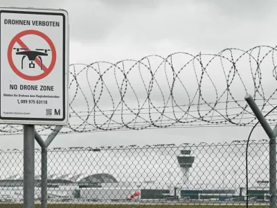 A sign with a drone ban is displayed outside the airport in Munich, Germany October 6, 2025. REUTERS/Angelika Warmuth