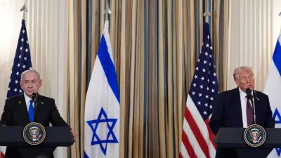 President Donald Trump speaks during a news conference with Israel's Prime Minister Benjamin Netanyahu in the State Dining Room of the White House, Monday, Sept. 29, 2025, in Washington. (AP Photo/Alex Brandon)