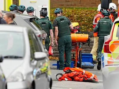 Emergency services at the scene of a stabbing incident at Heaton Park Hebrew Congregation synagogue, in Crumpsall, Manchester, England, Thursday Oct. 2, 2025. (Peter Byrne/PA via AP)
