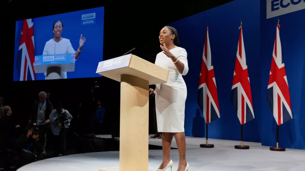 Britain's Conservative Party Leader Kemi Badenoch delivers her keynote speech, on the final day of the Conservative Party conference, in Manchester, Britain, October 8, 2025. REUTERS/Temilade Adelaja