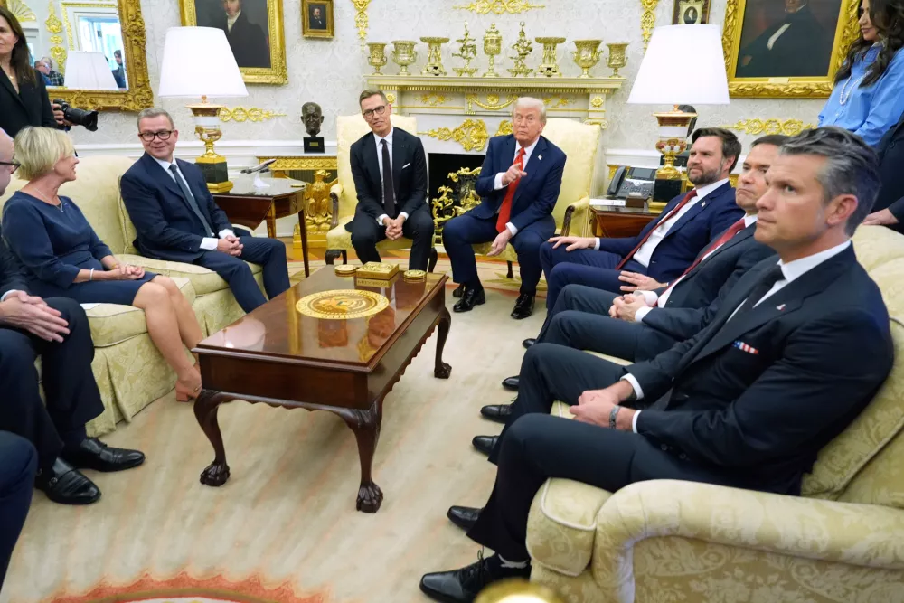 President Donald Trump and Finland's President Alexander Stubb meet in the Oval Office at the White House, Thursday, Oct. 9, 2025, in Washington. (AP Photo/Alex Brandon)