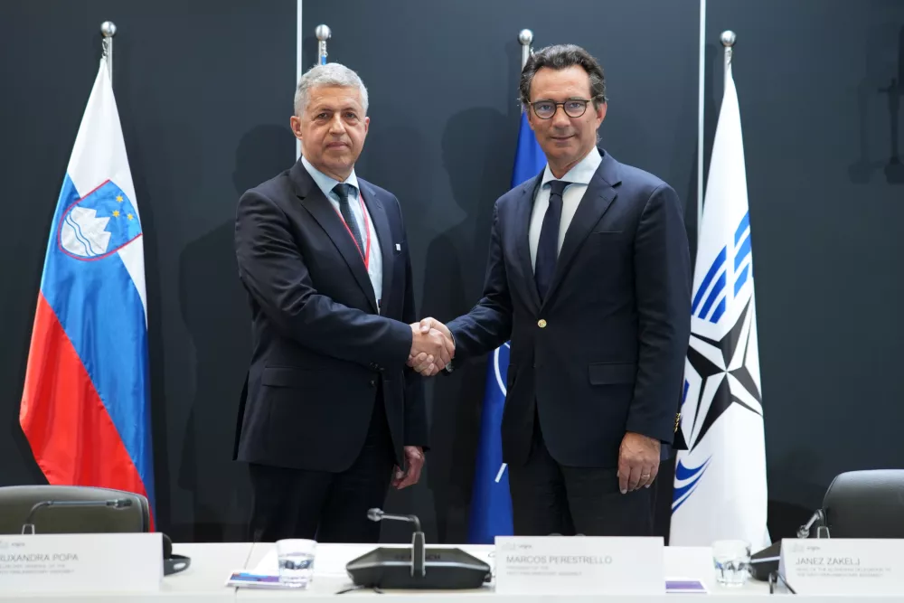 Ljubljana, Gospodarsko razstavisce.Novinarska konferenca vodje slovenske delegacije v Parlamentarni skupscini Nata Janeza Zaklja in predsednika Parlamentarne skupscine Nata Marcosa Perestrella.