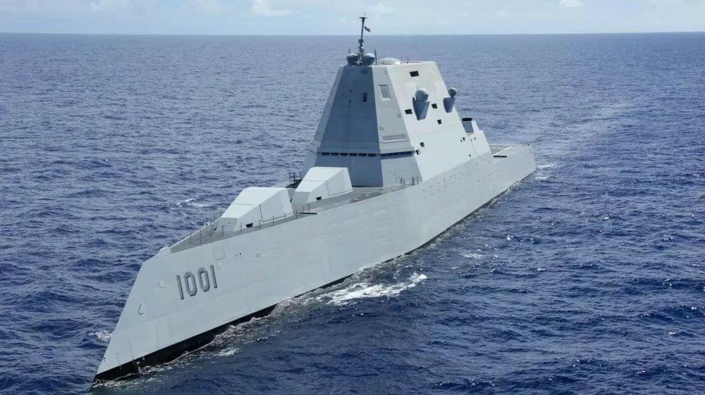 220728-N-DF558-1763 PACIFIC OCEAN (July 28, 2022) U.S. Navy Zumwalt-class guided-missile destroyer USS Michael Monsoor (DDG 1001) sails in formation during Rim of the Pacific (RIMPAC) 2022, July 28. Twenty-six nations, 38 ships, three submarines, more than 30 unmanned systems, approximately 170 aircraft and 25,000 personnel are participating in RIMPAC from June 29 to Aug. 4 in and around the Hawaiian Islands and Southern California. The world's largest international maritime exercise, RIMPAC provides a unique training opportunity while fostering and sustaining cooperative relationships among participants critical to ensuring the safety of sea lanes and security on the world's oceans. RIMPAC 2022 is the 28th exercise in the series that began in 1971. (U.S. Navy photo by Mass Communication Specialist 3rd Class Aleksandr Freutel),Image: 711061347, License: Rights-managed, Restrictions:, Model Release: no