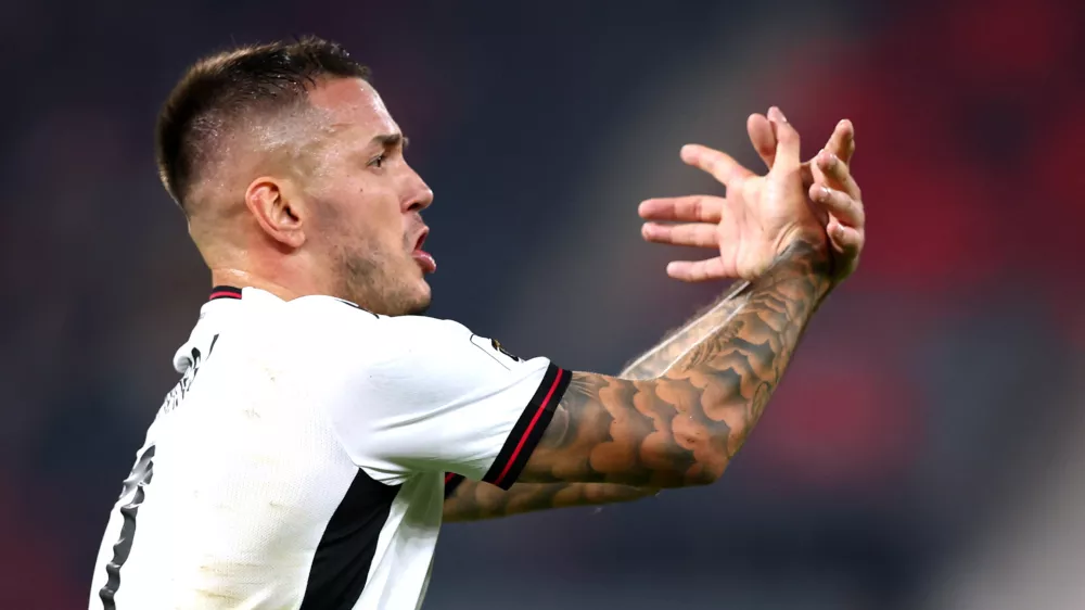 Soccer Football - FIFA World Cup - UEFA Qualifiers - Group K - Serbia v Albania - Dubocica Stadium, Leskovac, Serbia - October 11, 2025 Albania's Rey Manaj celebrates scoring their first goal REUTERS/Florion Goga