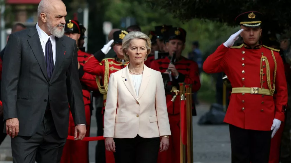 Albanian Prime Minister Edi Rama welcomes European Commission President Ursula von der Leyen, in Tirana, Albania, October 13, 2025 REUTERS/Florion Goga