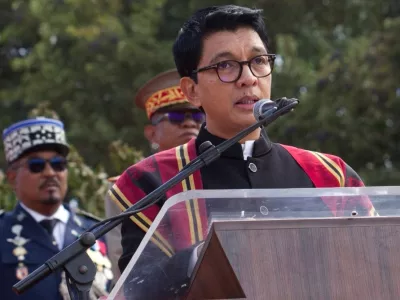 FILE - President Andry Rajoelina addresses a state ceremony, Sept. 2, 2025, in Antananarivo, Madagascar. (AP Photo/Alexander Joe, file)