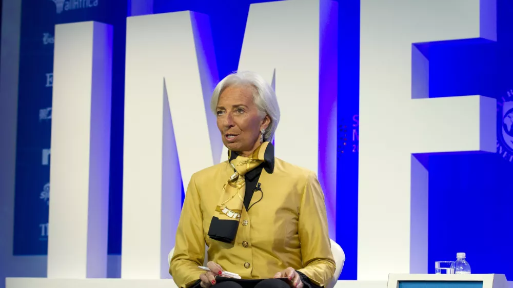 International Monetary Fund (IMF) Managing Director Christine Lagarde speaks at the panel Reforming the Euro Area: Views from inside and outside of Europe, during the World Bank/IMF Spring Meetings, in Washington, Thursday, April 19, 2018. (AP Photo/Jose Luis Magana)