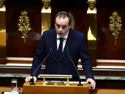 French Prime Minister Sebastien Lecornu delivers his first general policy speech in front of the parliament and the new government following by a debate at the National Assembly in Paris, France, October 14, 2025. REUTERS/Gonzalo Fuentes