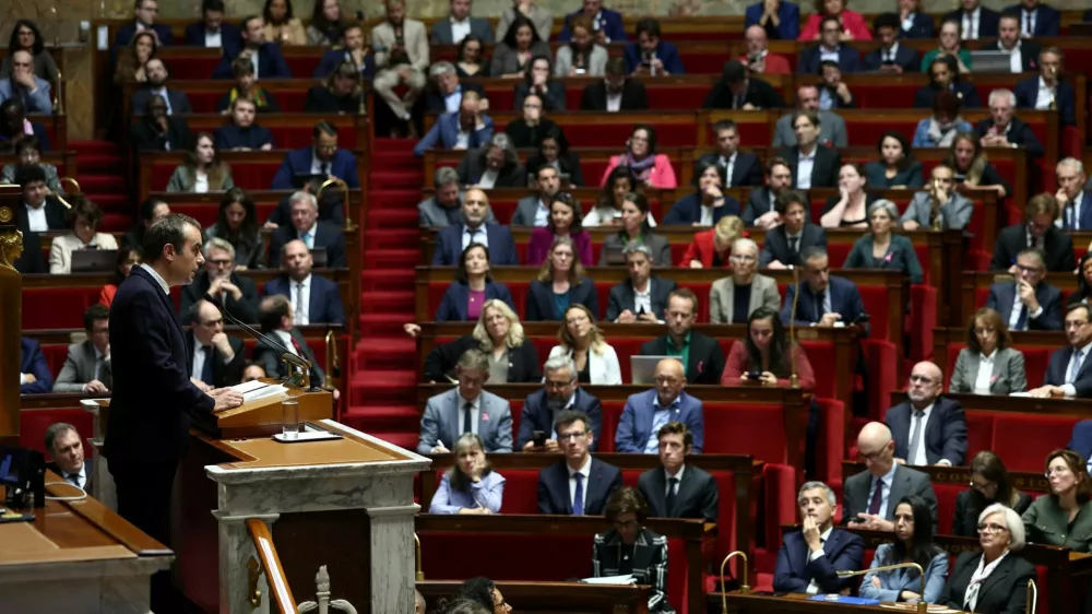French Prime Minister Sebastien Lecornu delivers his first general policy speech in front of the parliament and the new government following by a debate at the National Assembly in Paris, France, October 14, 2025. REUTERS/Gonzalo Fuentes