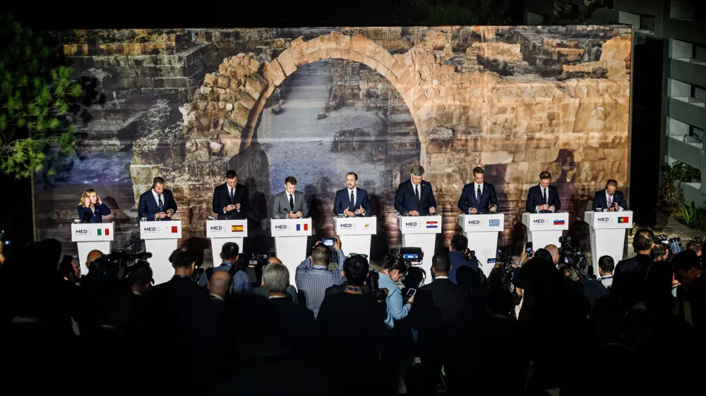 Heads of State and Government gather for the press conference in Paphos, Cyprus, on October 11, 2024. The 11th Summit of the Southern EU Countries (MED9) takes place in Paphos. (Photo by Kostas Pikoulas/NurPhoto)NO USE FRANCE