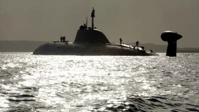 ** FILE ** One of Russia's Shchuka (Pike) class (NATO reporting name: Akula) nuclear submarines, The Vepr (Wild boar), the same type as The Nerpa (Seal), where at least 20 people were killed in an accident, seen heading towards Brest harbor, western France, after a series of exercises in the Atlantic with French navy ships, in this Tuesday Sept. 21, 2004, file photo. An accident aboard The Nerpa making a test run in the Sea of Japan killed at least 20 people, when a fire-extinguishing system went into operation in error aboard the submarine, officials said Sunday, Nov. 9, 2008. (AP Photo/Franck Prevel, File)
