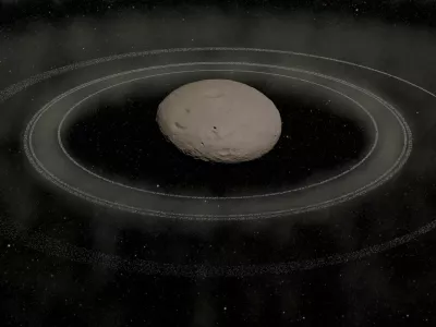 This illustration shows a reconstruction of the centaur object (2060) Chiron, which orbits the sun between the orbits of Saturn and Uranus, and its ring system, in this handout image released on October 14, 2025. UTFPR/Alexandre Crispim/Handout via REUTERS  THIS IMAGE HAS BEEN SUPPLIED BY A THIRD PARTY. MANDATORY CREDIT. NO RESALES. NO ARCHIVES