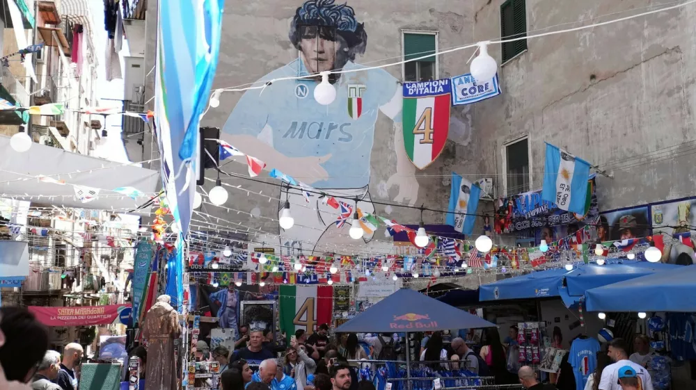 NAPLES, ITALY - MAY 23: Spaning quarters at the Maradona mural, celebrating the fouth champioschip 2025,SSC NAPOLI 25, 2025 in Naples, Italy Copyright: xx,Image: 1003695704, License: Rights-managed, Restrictions:, Model Release: no