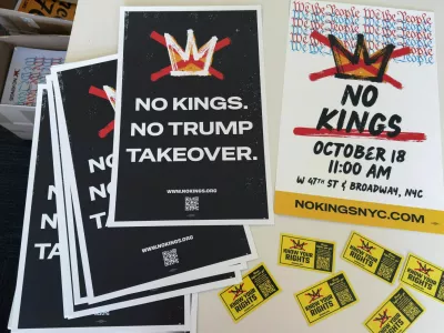 Detail of signs for the 'No Kings' protest on Saturday, October 18, in New York, U.S., October 16, 2025. REUTERS/Roselle Chen