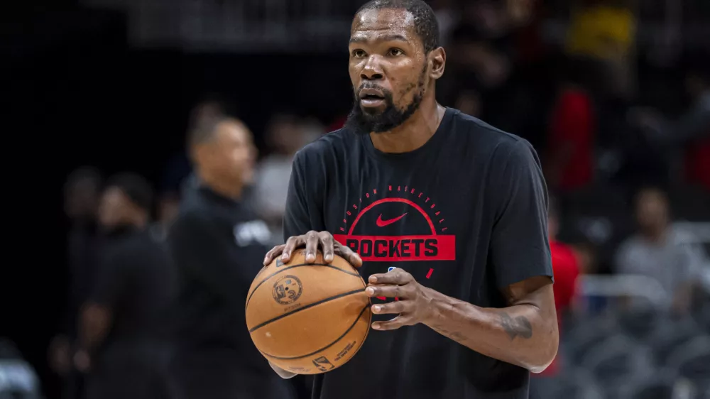 Oct 16, 2025; Atlanta, Georgia, USA; Houston Rockets forward Kevin Durant (7) warms up prior to the game against the Atlanta Hawks at State Farm Arena. Mandatory Credit: Dale Zanine-Imagn Images