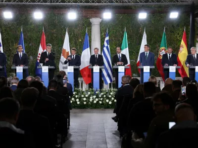 Leaders hold a joint press conference at the MED9 Leaders' Summit in Portoroz, Slovenia, October 20, 2025. REUTERS/Borut Zivulovic