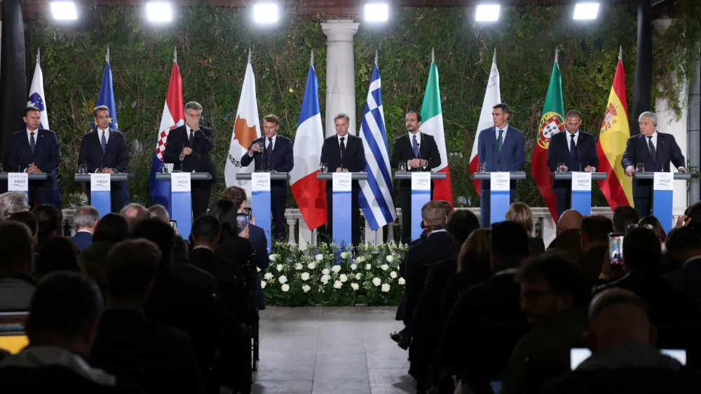 Leaders hold a joint press conference at the MED9 Leaders' Summit in Portoroz, Slovenia, October 20, 2025. REUTERS/Borut Zivulovic