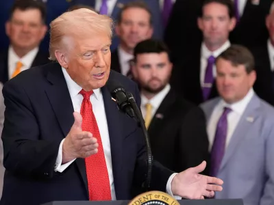 President Donald Trump speaks during an event to welcome the 2025 LSU and LSU-Shreveport national champion baseball teams in the East Room of the White House, Monday, Oct. 20, 2025, in Washington. (AP Photo/Alex Brandon)
