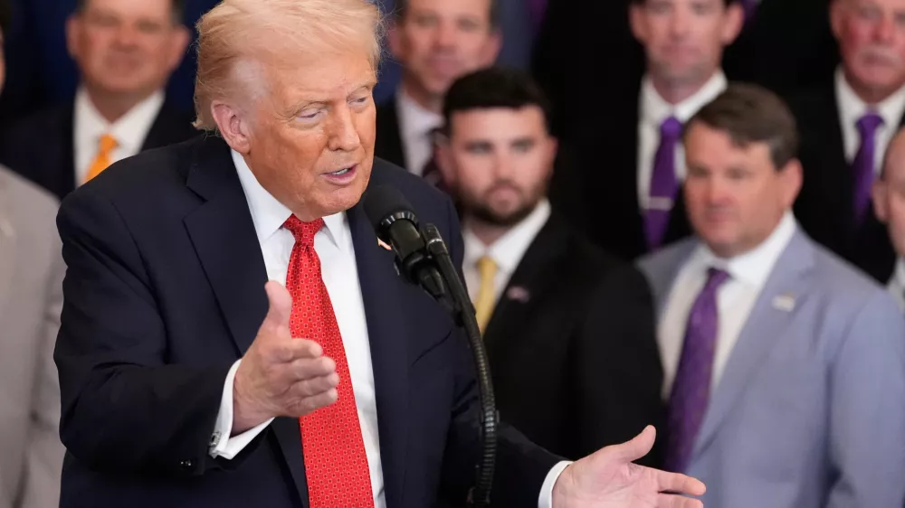 President Donald Trump speaks during an event to welcome the 2025 LSU and LSU-Shreveport national champion baseball teams in the East Room of the White House, Monday, Oct. 20, 2025, in Washington. (AP Photo/Alex Brandon)