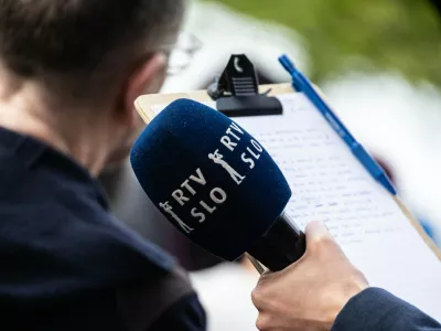 May 11, 2024, MalmĂ, SkĂĄNe, Sweden: Microphone of RTV Slovenija (Radio-Television of Slovenia) ahead of the Eurovision Song Contest Grand Final, near MalmĂ&para; Arena in MalmĂ,Image: 952001978, License: Rights-managed, Restrictions:, Model Release: no / Foto: Kristian Tuxen Ladegaard Berg