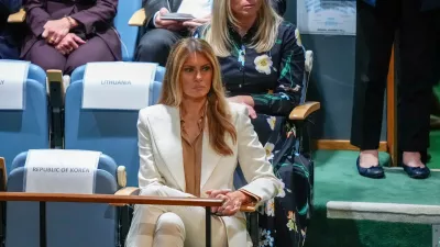 First Lady Melania Trump listens as President Donald Trump speaks during the 80th session of the United Nations General Assembly, Tuesday, Sept. 23, 2025, at U.N. headquarters. (AP Photo/Yuki Iwamura)