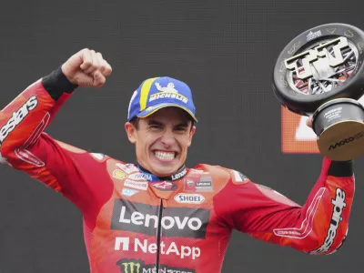 Spain's rider Marc Marquez of the Ducati Lenovo Team celebrates after winning the MotoGP race at the Grand Prix of the Netherlands at the TT Circuit in Assen, northern Netherlands, Sunday, June 29, 2025. (AP Photo/Peter Dejong)