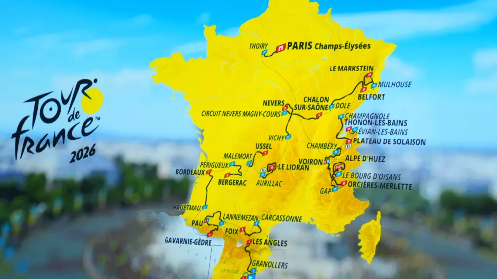 The roadmap of the Tour de France 2026 cycling race is unveiled, Thursday, Oct. 23, 2025 in Paris. (AP Photo/Thibault Camus)