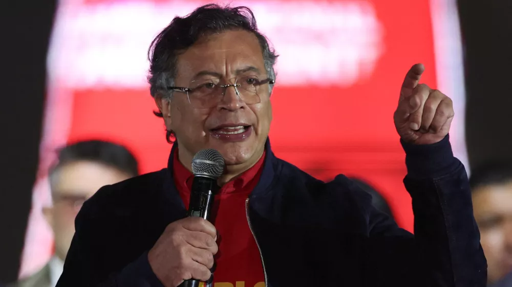 Colombian President Gustavo Petro speaks during a protest against U.S. President Donald Trump's recent comments accusing him of drug trafficking and a court ruling that overturned convictions against former President Alvaro Uribe, in Bogota, Colombia, October 24, 2025. REUTERS/Luisa Gonzalez