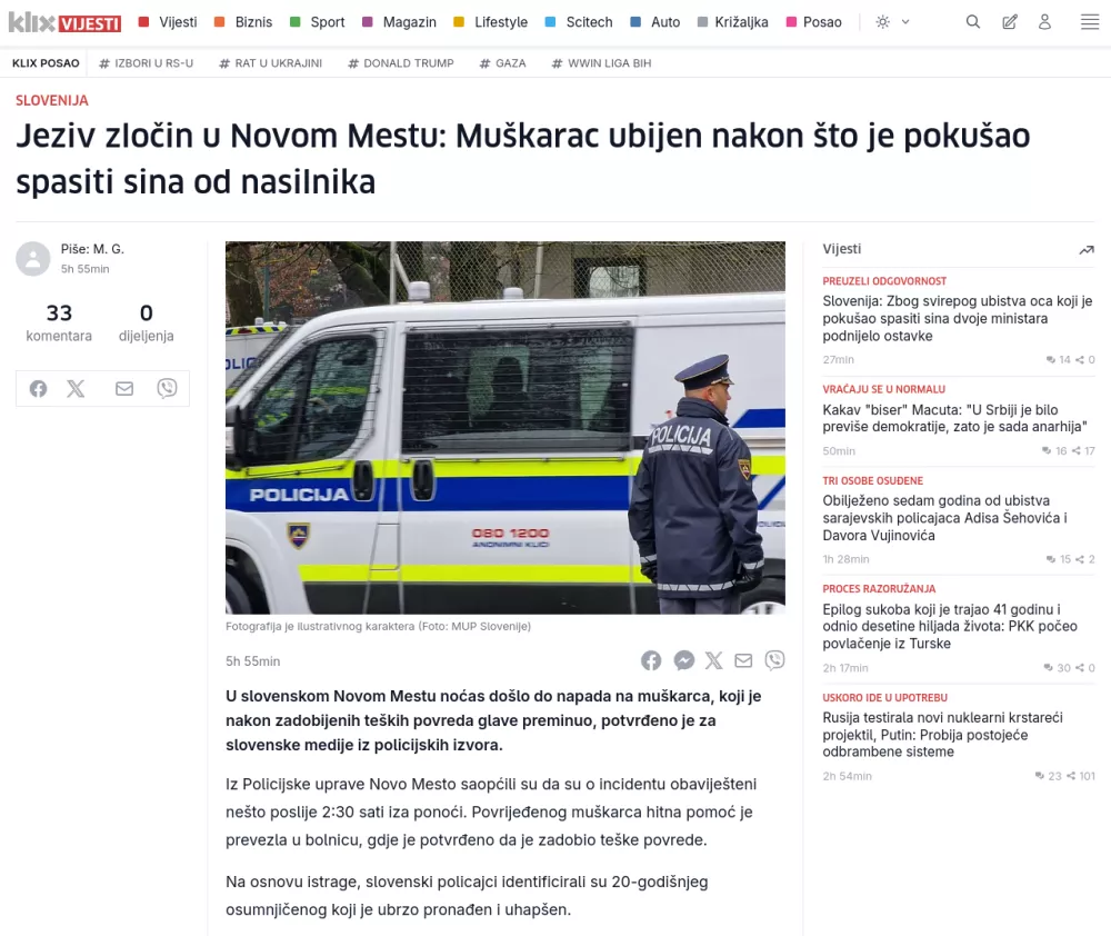 Novica v bo&scaron;nja&scaron;kem mediju klix.ba / Foto: zajem zaslona