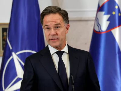 FILE PHOTO: NATO Secretary General Mark Rutte talks at the press conference during his visit in Slovenia, in Brdo pri Kranju, Slovenia, October 13, 2025. REUTERS/Borut Zivulovic/File Photo