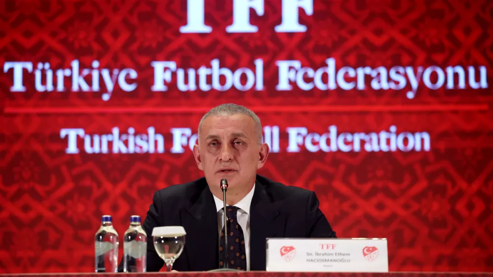 Turkish Football Federation president Ibrahim Haciosmanoglu talks during a news conference, in Istanbul, Turkey, Monday, Oct. 27, 2025. (Samet Yalcin/Dia Photo via AP)
