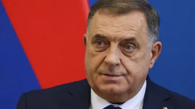 Bosnian Serb leader serving as the 8th President of the Republika Srpska, Milorad Dodik speaks during a joint press conference with Hungarian Minister of Foreign Affairs and Trade Peter Szijjarto following their meeting in the latter's office in Budapest, Hungary, Thursday, Sept. 4, 2025. (Robert Hegedus/MTI via AP)