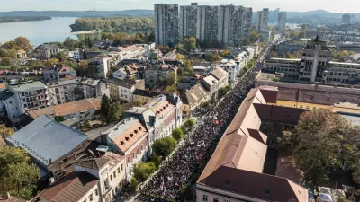 A drone view shows students walking on their journey to Novi Sad during a protest march over the fatal November 2024 Novi Sad railway station canopy collapse, which killed 16 people, triggering nationwide accusations of widespread corruption and negligence, in Belgrade, Serbia, October 30, 2025. REUTERS/Marko Djurica 