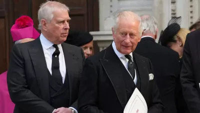 FILE - Britain's Prince Andrew, left, and Britain's King Charles III leave after the Requiem Mass service for the Duchess of Kent at Westminster Cathedral in London, Tuesday, Sept. 16, 2025. (AP Photo/Joanna Chan, File)