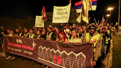 Students from Sabac and Valjevo, enter Novi Sad during a protest march marking the first anniversary of the fatal November 2024 Novi Sad railway station canopy collapse, which killed 16 people, triggering nationwide accusations of widespread corruption and negligence, in Novi Sad, Serbia, October 31, 2025. REUTERS/Zorana Jevtic